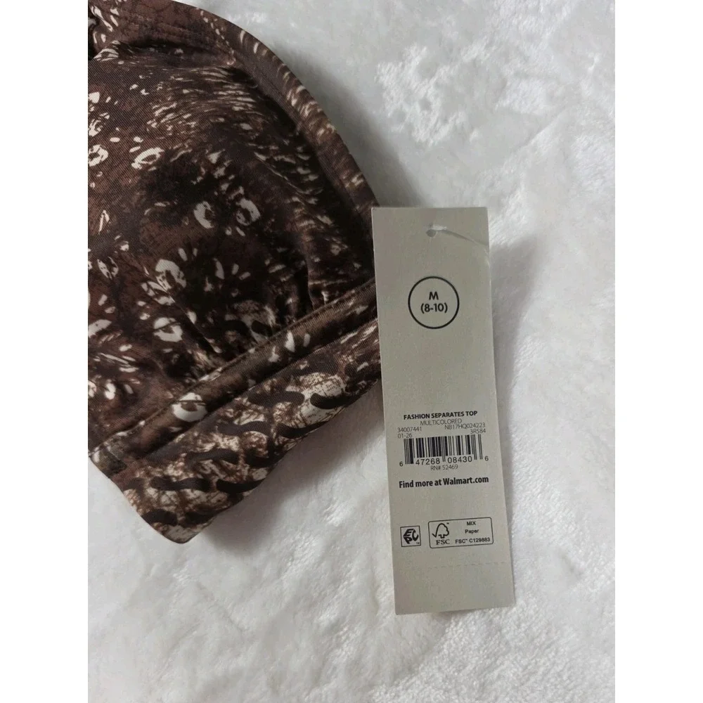 No Boundaries Bikini Set Brown Print Bandeau Cheeky High Leg M 8-10 NWT